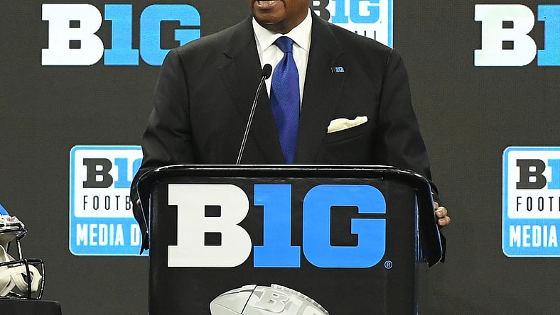 Jul 22, 2021; Indianapolis, Indiana, USA;  Big 10 commissioner Kevin Warren speaks to the media during Big 10 media days at Lucas Oil Stadium. Mandatory Credit: Robert Goddin-USA TODAY Sports