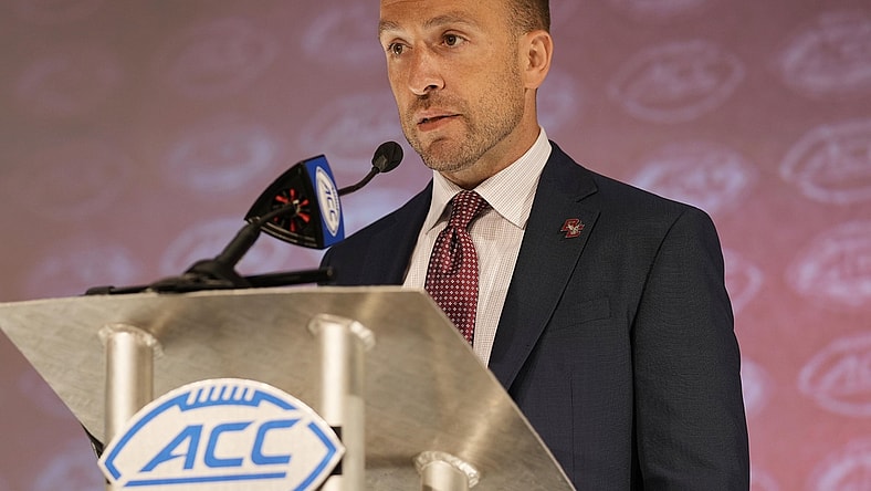 Jul 22, 2021; Charlotte, NC, USA;  Boston College Eagles  coach Jeff Hafley speaks to the media during the ACC Kickoff at The Westin Charlotte. Mandatory Credit: Jim Dedmon-USA TODAY Sports