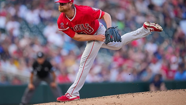 Jul 23, 2021; Minneapolis, Minnesota, USA; Los Angeles Angels starting pitcher Alex Cobb (38) pitches against the Minnesota Twins in the first inning at Target Field. Mandatory Credit: Brad Rempel-USA TODAY Sports