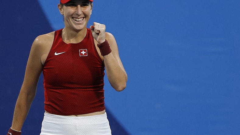 Jul 24, 2021; Tokyo, Japan; Belinda Bencic of Switzerland celebrates after match point against Jessica Pegula of the United States (not pictured) in a first round women's singles match during the Tokyo 2020 Olympic Summer Games at Ariake Tennis Park. Mandatory Credit: Geoff Burke-USA TODAY Network