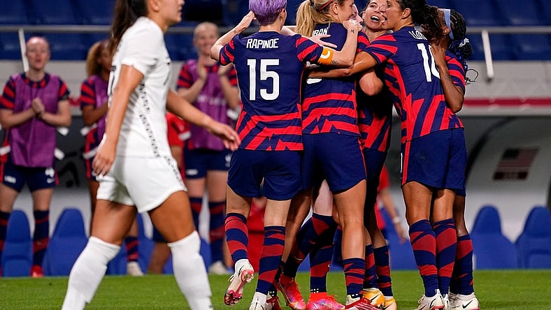 Team USA celebrates a goal by midfielder Rose Lavelle (16) during the first half against New Zealand in group G play during the Tokyo Olympics.

Olympics Football Women Group G Nzl Usa