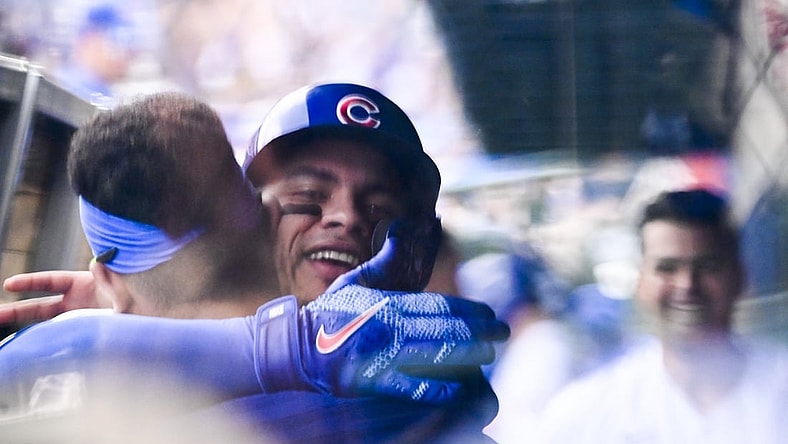 Jul 24, 2021; Chicago, Illinois, USA; Chicago Cubs catcher Willson Contreras (40) celebrates in the dugout after he hit a home run against the Arizona Diamondbacks during the fourth inning at Wrigley Field. Mandatory Credit: Matt Marton-USA TODAY Sports