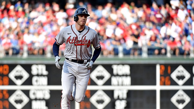 Jul 24, 2021; Philadelphia, Pennsylvania, USA; Atlanta Braves first baseman Freddie Freeman (5) runs the bases after hitting a two run home run during the first inning against the Philadelphia Phillies at Citizens Bank Park. Mandatory Credit: Eric Hartline-USA TODAY Sports