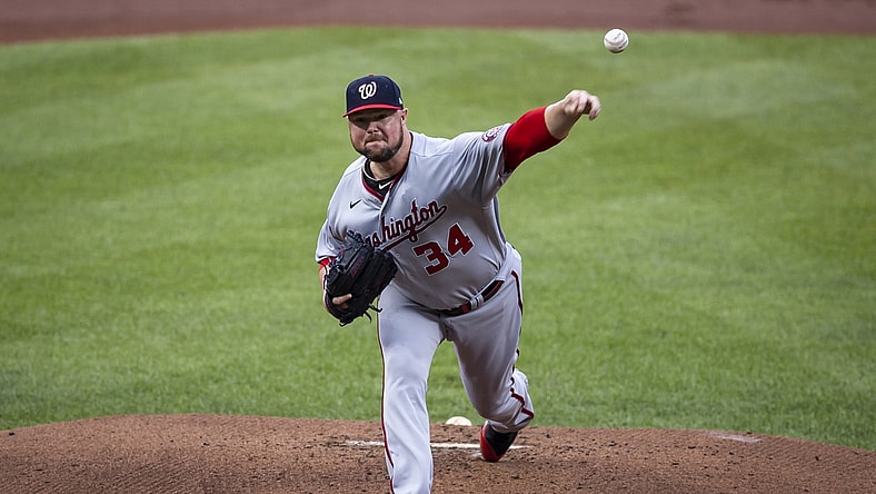 Jul 24, 2021; Baltimore, Maryland, USA; Washington Nationals starting pitcher Jon Lester (34) pitches against the Baltimore Orioles during the first inning at Oriole Park at Camden Yards. Mandatory Credit: Scott Taetsch-USA TODAY Sports