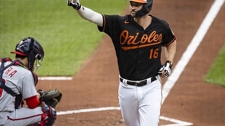 Jul 24, 2021; Baltimore, Maryland, USA; Baltimore Orioles first baseman Trey Mancini (16) celebrates after hitting a home run against the Washington Nationals during the first inning at Oriole Park at Camden Yards. Mandatory Credit: Scott Taetsch-USA TODAY Sports
