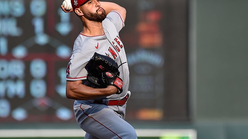 Jul 24, 2021; Minneapolis, Minnesota, USA; Los Angeles Angels starting pitcher Patrick Sandoval (43) throws a pitch during the first inning against the Minnesota Twins at Target Field. Mandatory Credit: Jeffrey Becker-USA TODAY Sports