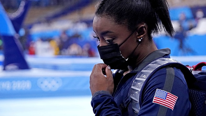 Jul 25, 2021; Tokyo, Japan; Simone Biles (USA) during the womens gymnastics qualifications during the Tokyo 2020 Olympic Summer Games at Ariake Gymnastics Centre. Mandatory Credit: Robert Deutsch-USA TODAY Network
