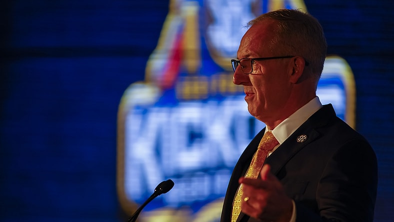 Jul 19, 2021; Hoover, Alabama, USA; SEC commissioner Greg Sankey speaks to the media during SEC Media Days at Hyatt Regency Birmingham. Mandatory Credit: Vasha Hunt-USA TODAY Sports