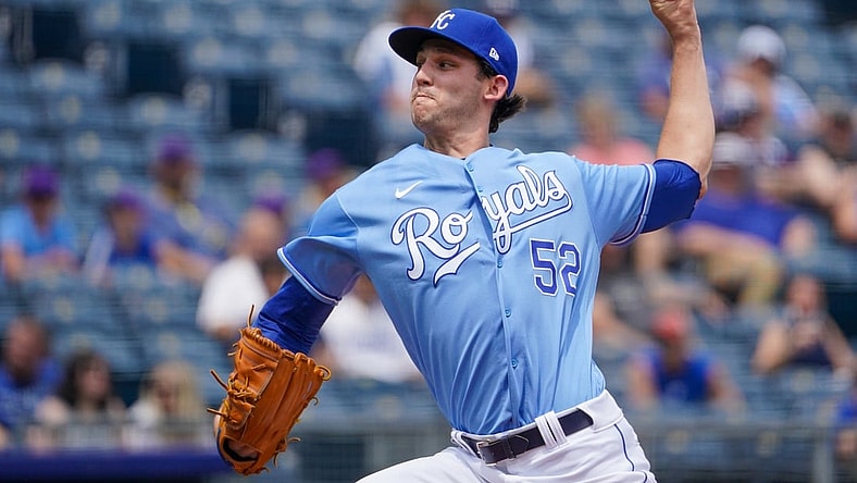 Jul 25, 2021; Kansas City, Missouri, USA; Kansas City Royals starting pitcher Daniel Lynch (52) delivers a pitch in the first inning against the Detroit Tigers at Kauffman Stadium. Mandatory Credit: Denny Medley-USA TODAY Sports