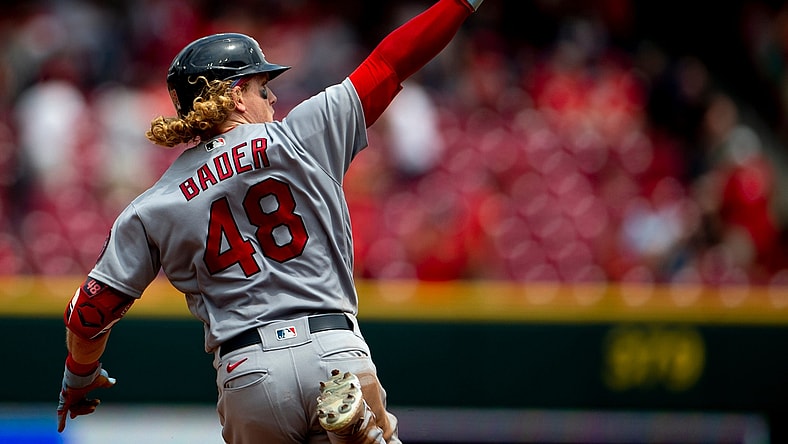 St. Louis Cardinals center fielder Harrison Bader (48) points after hitting a 3-run home run in the fourth inning of the MLB baseball game between the Cincinnati Reds and the St. Louis Cardinals on Sunday, July 25, 2021, at Great American Ball Park in Cincinnati.

Cincinnati Reds St Louis Cardinals