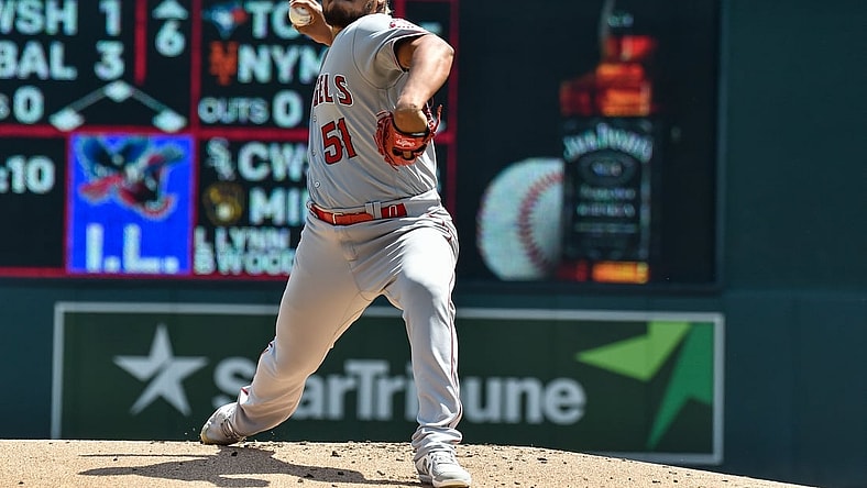 Jul 25, 2021; Minneapolis, Minnesota, USA; Los Angeles Angels starting pitcher Jaime Barria (51) throws a pitch against the Minnesota Twins during the first inning at Target Field. Mandatory Credit: Jeffrey Becker-USA TODAY Sports