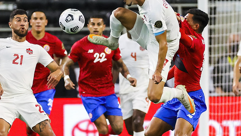 Jul 25, 2021; Arlington, Texas, USA; Canada midfielder Stephen Eustaquio (7) controls the ball against Costa Rica during the first half of a CONCACAF Gold Cup quarterfinal soccer match at AT&T Stadium. Mandatory Credit: Kevin Jairaj-USA TODAY Sports