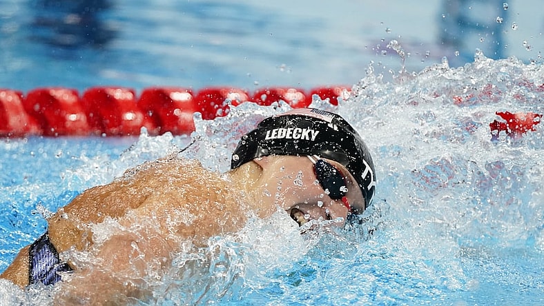 Jul 26, 2021; Tokyo, Japan; Katie Ledecky (USA) in the women's 400m freestyle final during the Tokyo 2020 Olympic Summer Games at Tokyo Aquatics Centre. Mandatory Credit: Rob Schumacher-USA TODAY Sports