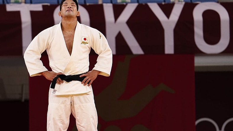 Jul 26, 2021; Tokyo, Japan; Shohei Ono (JPN) reacts after winning the men's 73 kg gold medal during the Tokyo 2020 Olympic Summer Games at Nippon Budokan. Mandatory Credit: Mandi Wright-USA TODAY Sports