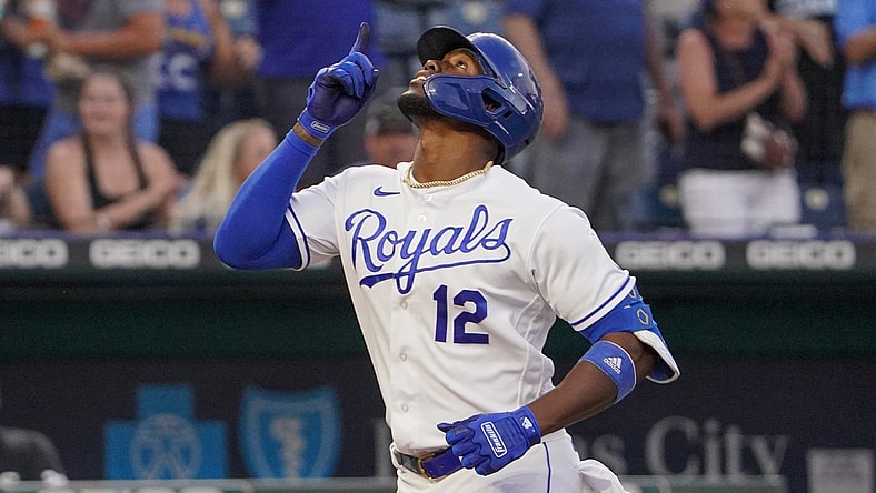 Jul 26, 2021; Kansas City, Missouri, USA; Kansas City Royals designated hitter Jorge Soler (12) celebrates while running the bases after hitting a solo home run in the fourth inning against the Chicago White Sox at Kauffman Stadium. Mandatory Credit: Denny Medley-USA TODAY Sports