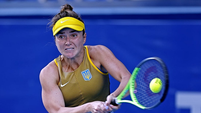 Jul 27, 2021; Tokyo, Japan; Elina Svitolina (UKR) plays Maria Sakkari (GRE) in the women's tennis third round singles during the Tokyo 2020 Olympic Summer Games at Ariake Tennis Park. Mandatory Credit: Yukihito Taguchi-USA TODAY Sports