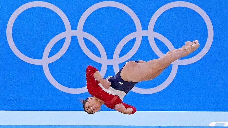 Jul 27, 2021; Tokyo, Japan; Sunisa Lee (USA) competes on the floor in the women's team final during the Tokyo 2020 Olympic Summer Games at Ariake Gymnastics Centre. Mandatory Credit: Robert Deutsch-USA TODAY Sports