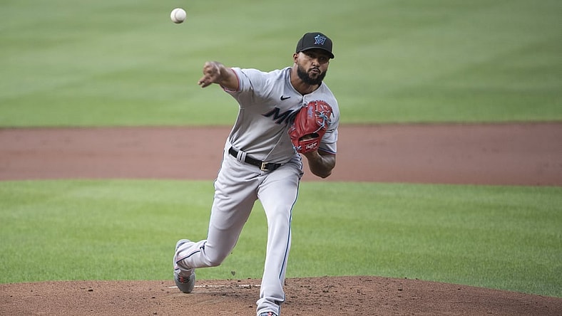 Jul 27, 2021; Baltimore, Maryland, USA; Miami Marlins starting pitcher Sandy Alcantara (22) delivers a first inning pitch against the Baltimore Orioles  at Oriole Park at Camden Yards. Mandatory Credit: Tommy Gilligan-USA TODAY Sports