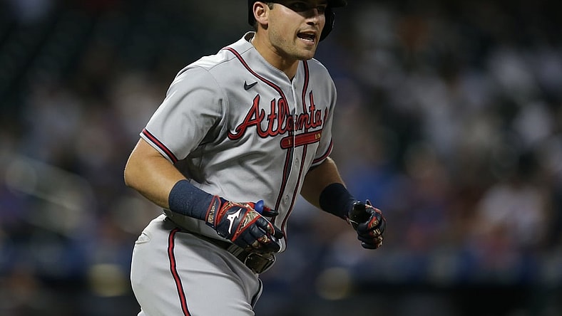 Jul 27, 2021; New York City, New York, USA; Atlanta Braves third baseman Austin Riley (27) rounds the bases after hitting a grand slam against the New York Mets during the fourth inning at Citi Field. Mandatory Credit: Brad Penner-USA TODAY Sports