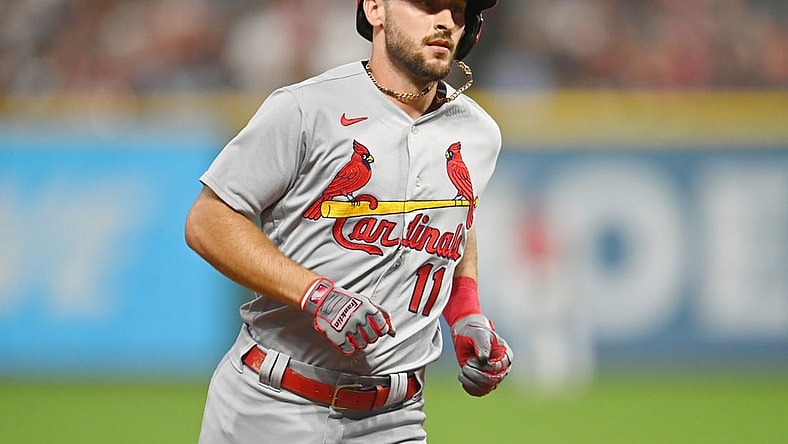 Jul 27, 2021; Cleveland, Ohio, USA; St. Louis Cardinals shortstop Paul DeJong (11) rounds the bases after hitting a home run during the seventh inning against the Cleveland Indians at Progressive Field. Mandatory Credit: Ken Blaze-USA TODAY Sports
