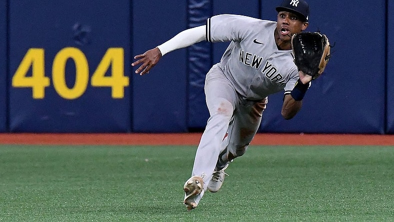 Jul 27, 2021; St. Petersburg, Florida, USA; New York Yankees center fielder Greg Allen (22) dives for a catch in the ninth inning against the Tampa Bay Rays at Tropicana Field. Mandatory Credit: Jonathan Dyer-USA TODAY Sports