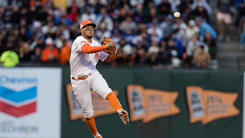 Jul 27, 2021; San Francisco, California, USA; San Francisco Giants shortstop Thairo Estrada (39) throws to first base to record an out against the Los Angeles Dodgers in the sixth inning at Oracle Park. Mandatory Credit: John Hefti-USA TODAY Sports
