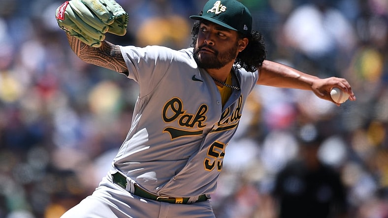 Jul 28, 2021; San Diego, California, USA; Oakland Athletics starting pitcher Sean Manaea (55) throws a pitch against the San Diego Padres during the first inning at Petco Park. Mandatory Credit: Orlando Ramirez-USA TODAY Sports