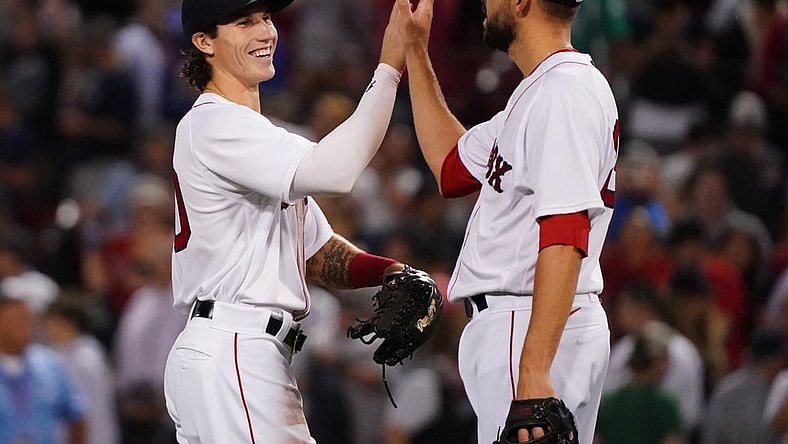 Jul 28, 2021; Boston, Massachusetts, USA; Boston Red Sox center fielder Jarren Duran (40) and relief pitcher Matt Barnes (32) react after defeating the Toronto Blue Jays during game two of a double header at Fenway Park. Mandatory Credit: David Butler II-USA TODAY Sports