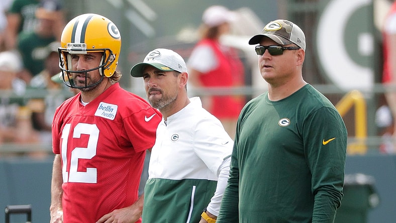 Green Bay Packers quarterback Aaron Rodgers, head coach Matt LaFleur and quarterbacks coach Luke Getsy look on during Wednesday's practice.Nfl Green Bay Packers Training Camp