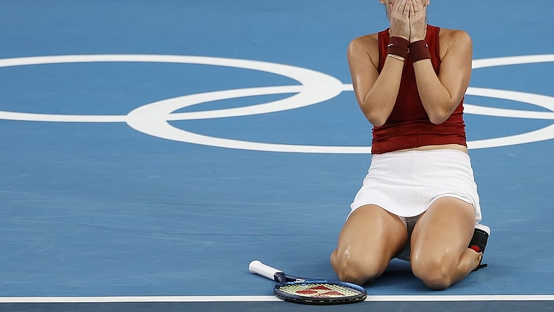 Jul 29, 2021; Tokyo, Japan; Belinda Bencic of Switzerland celebrates after match point against Elena Rybakina of Kazakhstan (not pictured) in a women's singles semifinal during the Tokyo 2020 Olympic Summer Games at Ariake Tennis Park. Mandatory Credit: Geoff Burke-USA TODAY Sports