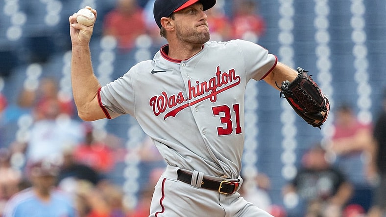 Jul 29, 2021; Philadelphia, Pennsylvania, USA; Washington Nationals starting pitcher Max Scherzer (31) throws a pitch during the first inning against the Philadelphia Phillies at Citizens Bank Park. Mandatory Credit: Bill Streicher-USA TODAY Sports