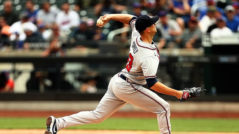 Jul 29, 2021; New York City, New York, USA; Atlanta Braves starting pitcher Drew Smyly (18) pitches against the New York Mets during the first inning at Citi Field. Mandatory Credit: Andy Marlin-USA TODAY Sports