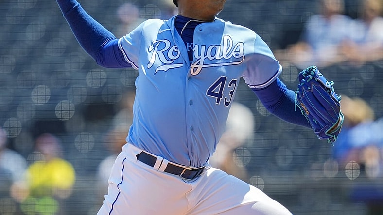 Jul 29, 2021; Kansas City, Missouri, USA; Kansas City Royals starting pitcher Carlos Hernandez (43) pitches against the Chicago White Sox during the first inning at Kauffman Stadium. Mandatory Credit: Jay Biggerstaff-USA TODAY Sports