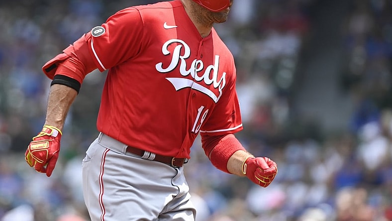 Jul 29, 2021; Chicago, Illinois, USA; Cincinnati Reds first baseman Joey Votto (19) after he hit a two-run home against the Chicago Cubs during the first inning at Wrigley Field. Mandatory Credit: Matt Marton-USA TODAY Sports
