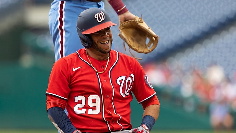 Jul 29, 2021; Philadelphia, Pennsylvania, USA; Washington Nationals outfielder Yadiel Hernandez (29) reacts at third base after his two-run RBI hit during the first inning against the Philadelphia Phillies at Citizens Bank Park. Mandatory Credit: Bill Streicher-USA TODAY Sports