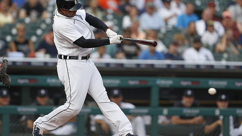 Jul 29, 2021; Detroit, Michigan, USA; Detroit Tigers designated hitter Jonathan Schoop (7) hits a RBI single during the first inning against the Baltimore Orioles at Comerica Park. Mandatory Credit: Raj Mehta-USA TODAY Sports