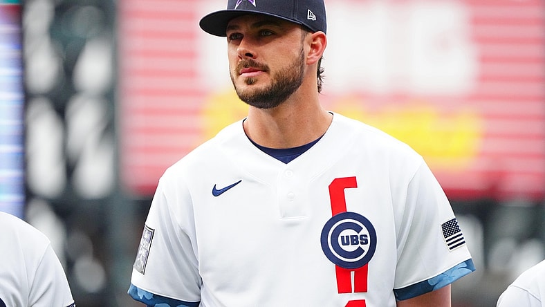 Jul 13, 2021; Denver, Colorado, USA; National League third baseman Kris Bryant of the Chicago Cubs (17) during the 2021 MLB All Star Game at Coors Field. Mandatory Credit: Mark J. Rebilas-USA TODAY Sports