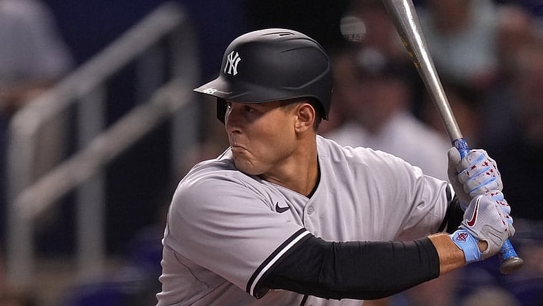 Jul 30, 2021; Miami, Florida, USA; New York Yankees first baseman Anthony Rizzo (48) at bat in the 1st inning against the Miami Marlins at loanDepot park. Mandatory Credit: Jasen Vinlove-USA TODAY Sports