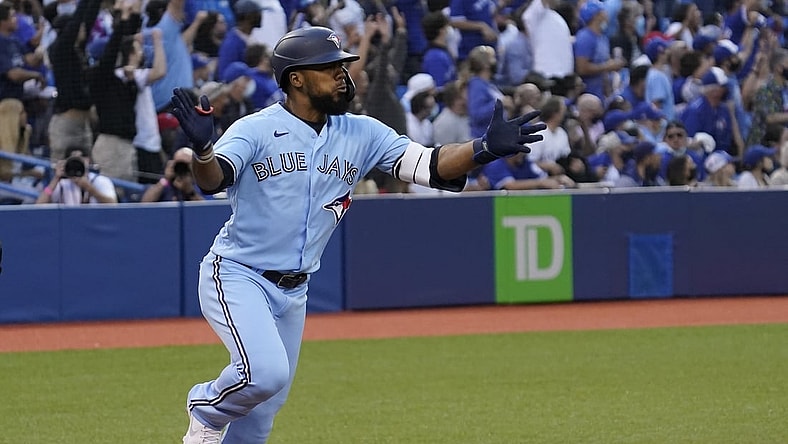 Jul 30, 2021; Toronto, Ontario, CAN; Toronto Blue Jays left fielder Teoscar Hernandez (37) reacts after hitting a solo homerun against the Kansas City Royals during the second inning at Rogers Centre. Mandatory Credit: John E. Sokolowski-USA TODAY Sports