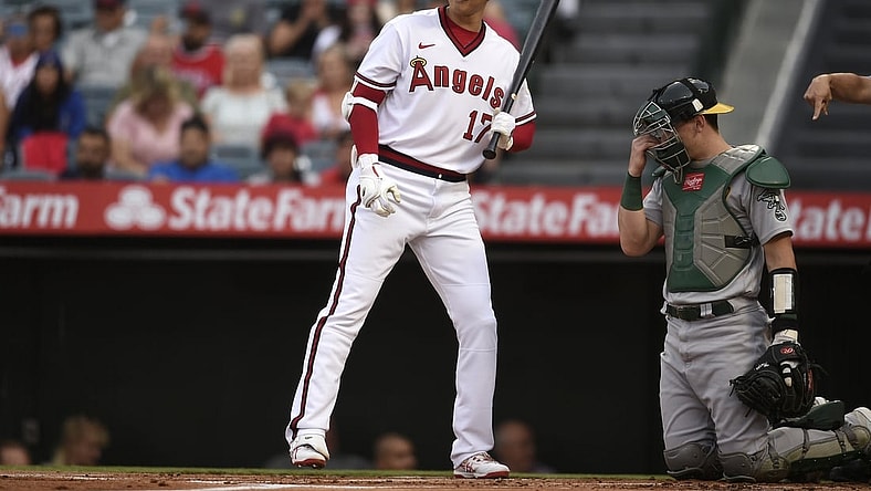 Jul 30, 2021; Anaheim, California, USA; Los Angeles Angels designated hitter Shohei Ohtani (17) reacts during his at-bat during the first inning against the Oakland Athletics at Angel Stadium. Mandatory Credit: Kelvin Kuo-USA TODAY Sports
