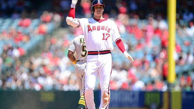 Jul 31, 2021; Anaheim, California, USA; Los Angeles Angels designated hitter Shohei Ohtani (17) reaches second after hitting an RBI double against the Oakland Athletics during the third inning at Angel Stadium. Mandatory Credit: Gary A. Vasquez-USA TODAY Sports