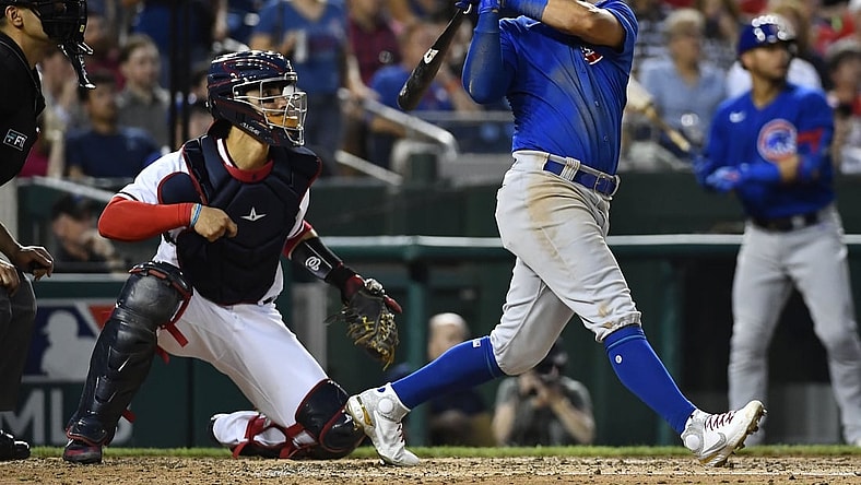 Jul 31, 2021; Washington, District of Columbia, USA; Chicago Cubs center fielder Rafael Ortega (66) hits a two run home run against the Washington Nationals during the fourth inning at Nationals Park. Mandatory Credit: Brad Mills-USA TODAY Sports