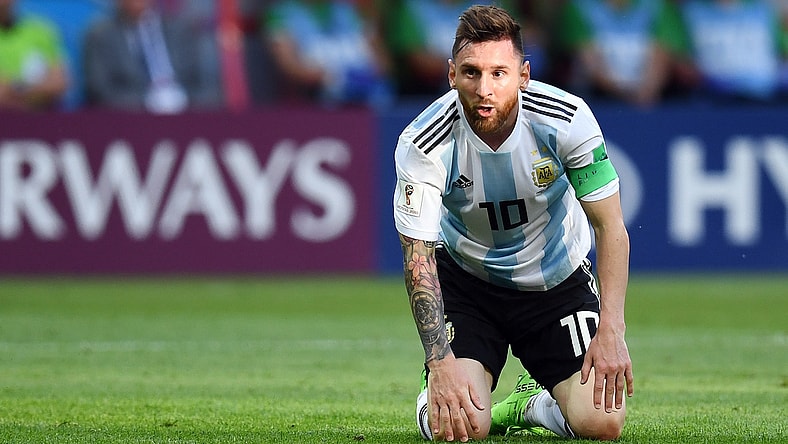 Jun 30, 2018; Kazan, Russia; Argentina forward Lionel Messi (10) reacts in the round of 16 game against France during the FIFA World Cup 2018 at Kazan Stadium. Mandatory Credit: Tim Groothuis/Witters Sport via USA TODAY Sports