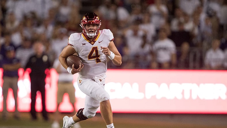 Sep 29, 2018; Fort Worth, TX, USA; Iowa State Cyclones quarterback Zeb Noland (4) in action during the game against the TCU Horned Frogs at Amon G. Carter Stadium. Mandatory Credit: Jerome Miron-USA TODAY Sports