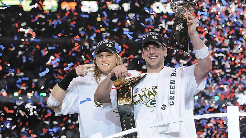 Green Bay Packers linebacker Clay Matthews, left, points to Super Bowl MVP Aaron Rodgers after giving him a championship belt after the win against the Pittsburgh Steelers during Super Bowl XLV at Cowboys Stadium in Arlington, Texas on Feb. 6, 2011.

Super Bowl Xlv
