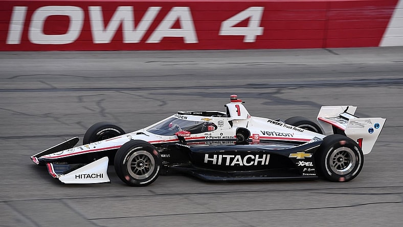 Jul 18, 2020; Newton, Iowa, USA; Indy Series driver Josef Newgarden (1) competes during the Iowa Indycar 250 at Iowa Speedway. Mandatory Credit: Mike Dinovo-USA TODAY Sports