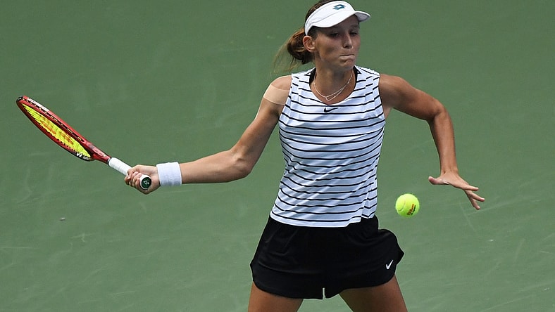 Sep 4, 2020; Flushing Meadows, New York, USA; Varvara Gracheva of Russia hits a forehand against Petra Martic of Croatia (not pictured) on day five of the 2020 U.S. Open tennis tournament at USTA Billie Jean King National Tennis Center. Mandatory Credit: Danielle Parhizkaran-USA TODAY Sports