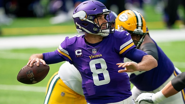 Sep 13, 2020; Minneapolis, Minnesota, USA; Minnesota Vikings quarterback Kirk Cousins (8) passes in the second quarter against the Green Bay Packers at U.S. Bank Stadium. Mandatory Credit: Brad Rempel-USA TODAY Sports