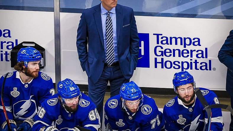 Sep 21, 2020; Edmonton, Alberta, CAN; A view of Tampa Bay Lightning head coach Jon Cooper during the third period between the Tampa Bay Lightning and the Dallas Stars in game two of the 2020 Stanley Cup Final at Rogers Place. Mandatory Credit: Sergei Belski-USA TODAY Sports