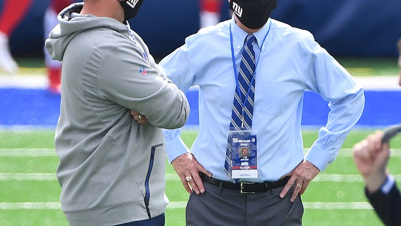 Sep 27, 2020; East Rutherford, New Jersey, USA; New York Giants head coach Joe Judge (left) with co-owner John Mara before a NFL football game against the San Francisco 49ers at MetLife Stadium. Mandatory Credit: Robert Deutsch-USA TODAY Sports